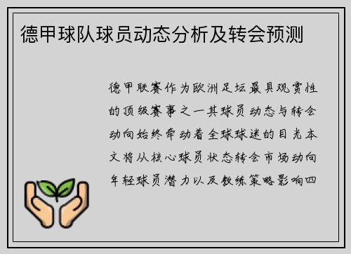 德甲球队球员动态分析及转会预测